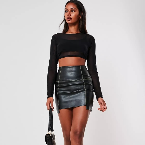 Black Faux Leather Step Hem Mini Skirt - Picture 2 of 6